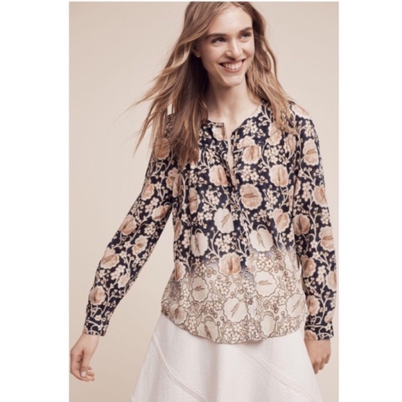 MAEVE Anthropologie Orli Blouse Floral Print Top Ombre Blue Beige Size Medium - Picture 8 of 8